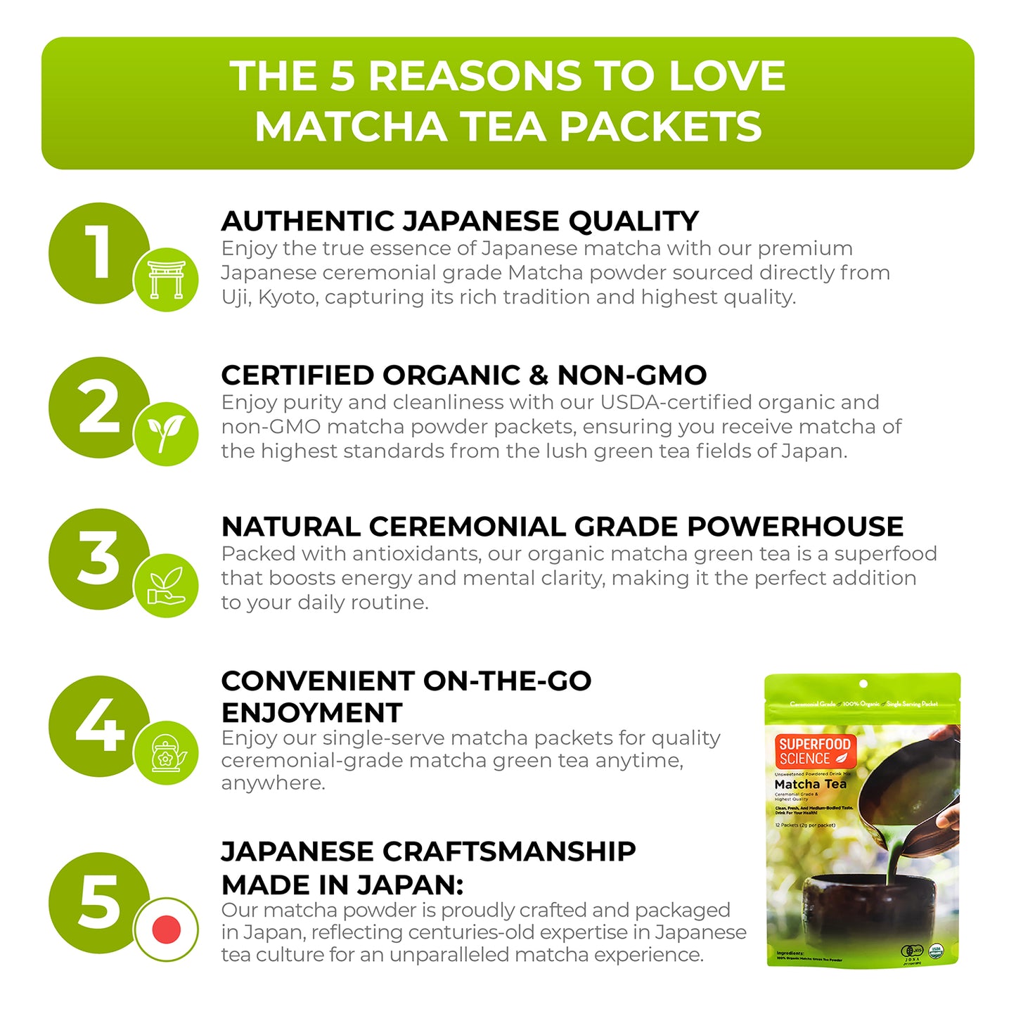 Paquetes de polvo de té Matcha de grado ceremonial japonés orgánico