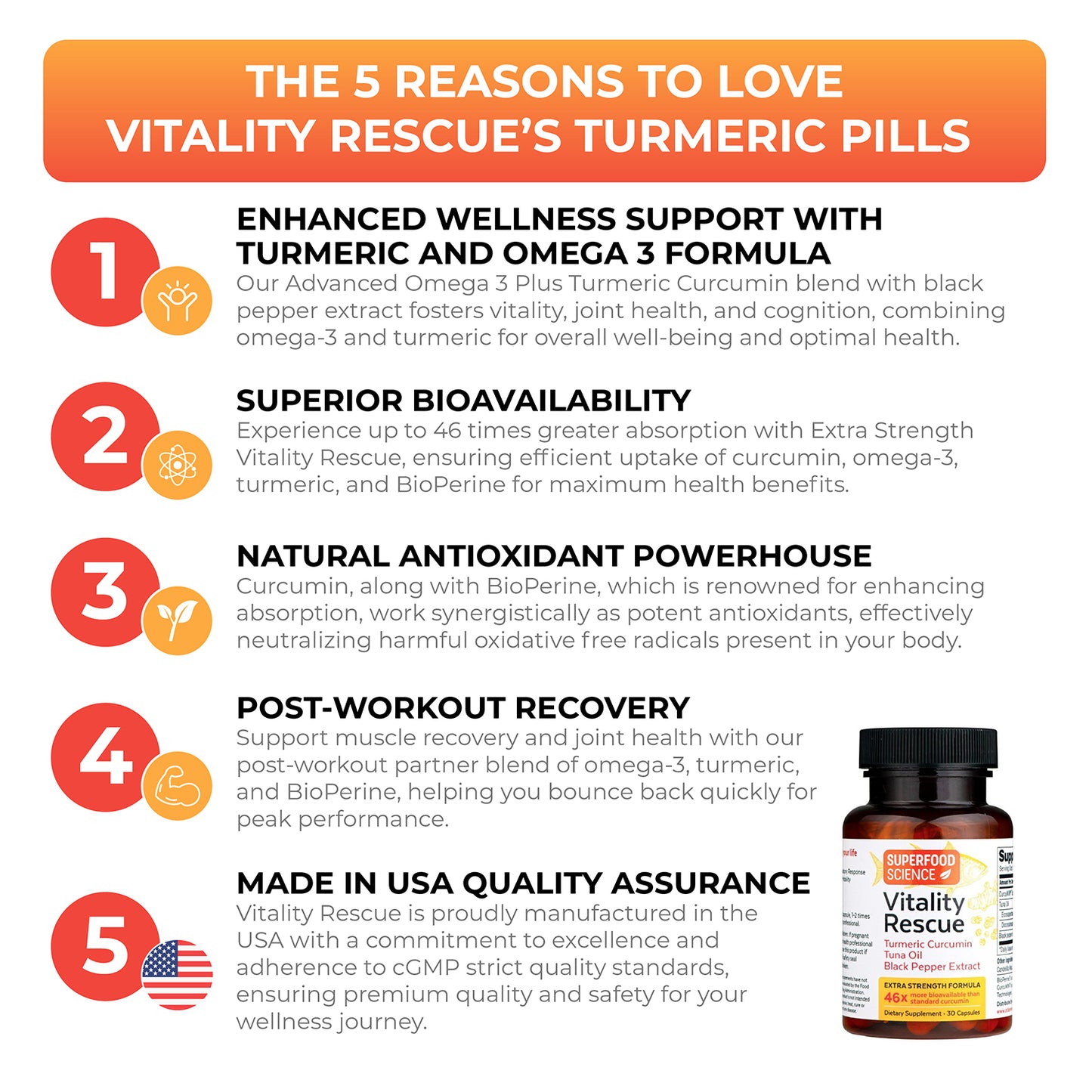 Vitality Rescue™ Suplemento extra fuerte de cúrcuma, curcumina y aceite de pescado Omega 3