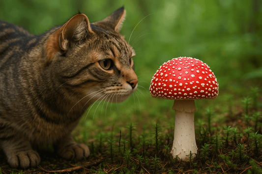A cat and fly agaric mushroom