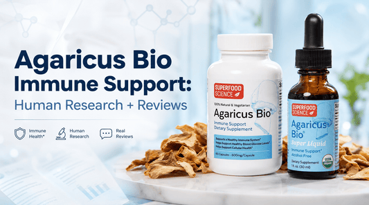 Agaricus blazei immune support hero image featuring Agaricus Bio capsules, Super Liquid, and dried mushroom slices.