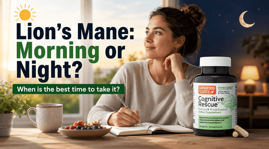 Lion’s Mane morning or night timing guide featuring Cognitive Rescue capsules for focus and bedtime routine support