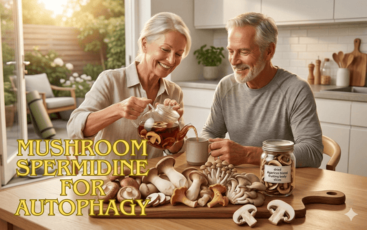 A smiling senior couple in a kitchen; the woman pours mushroom tea for the man. A board displays varied fresh mushrooms alongside a labeled jar of dried Agaricus blazei.