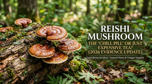 Reishi mushrooms growing on a mossy fallen log in a forest, with text overlay about reishi mushroom benefits, stress support, and a 2026 evidence update.