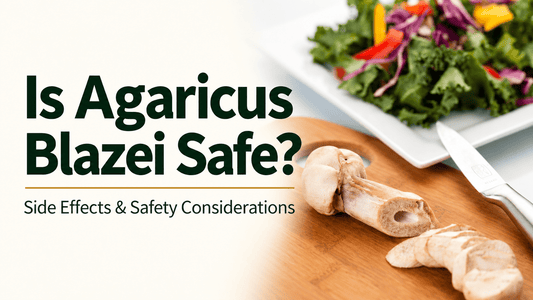 Agaricus blazei mushroom and slices on a wooden cutting board beside a salad, with the headline “Is Agaricus Blazei Safe?”