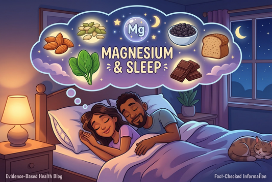 Stylized illustration of a sleeping couple below a glowing thought cloud linking 'MAGNESIUM & SLEEP' text, a 'Mg' symbol, and food icons to restful sleep. Fact-check attribution at the bottom.