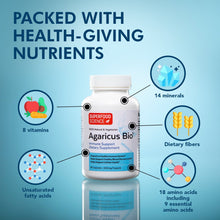 Load image into Gallery viewer, superfood science agaricus bio packed with health giving nutrients with 8 vitamins 14 minerals unsaturated fatty acids dietary fibers and 18 amino acids including 9 essential amino acids