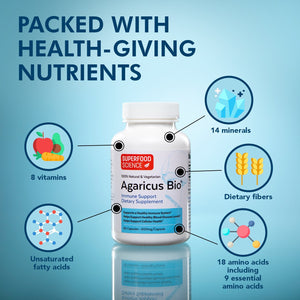 superfood science agaricus bio packed with health giving nutrients with 8 vitamins 14 minerals unsaturated fatty acids dietary fibers and 18 amino acids including 9 essential amino acids